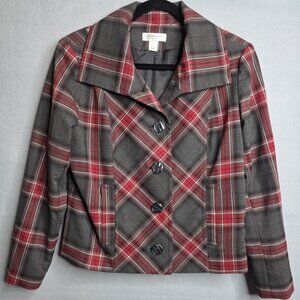 Christopher Banks Petite Large Red Gray Plaid Long Sleeve Jacket Blazer